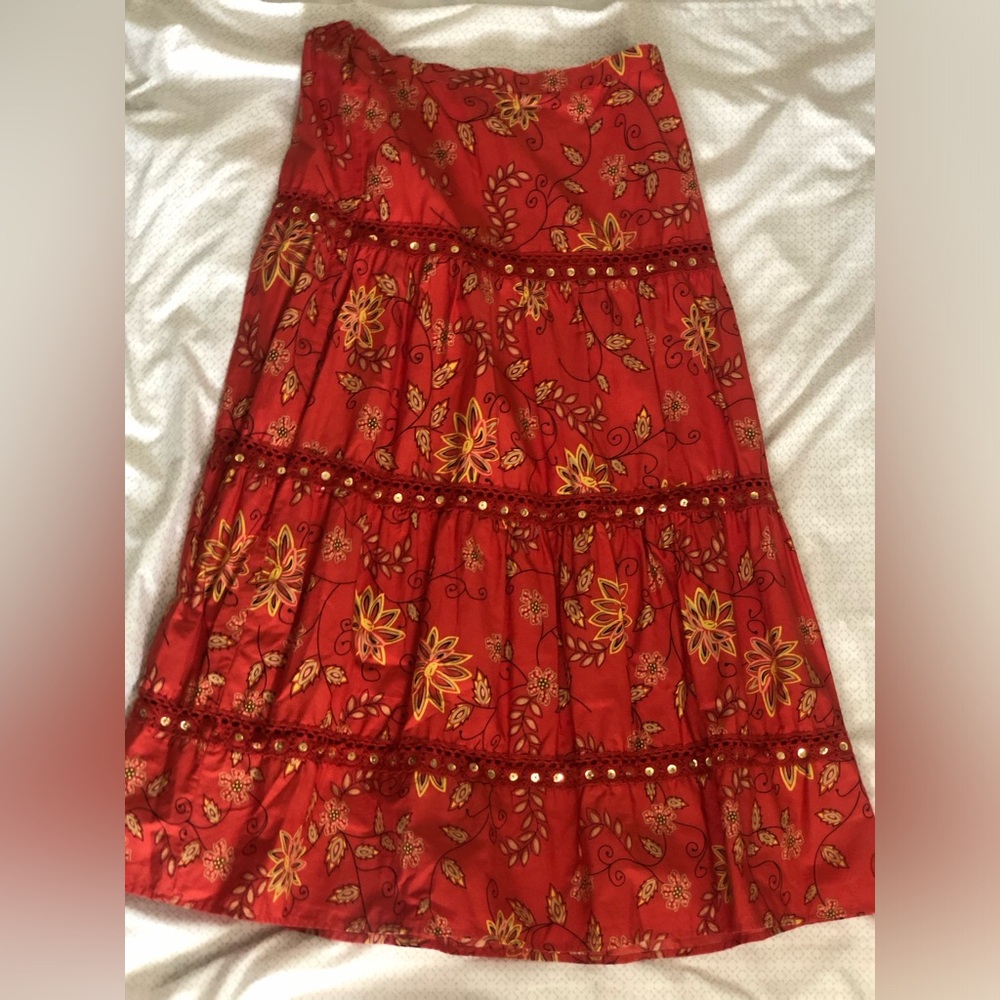 Coldwater creek, orange, red yellow floral skirt, long flow he